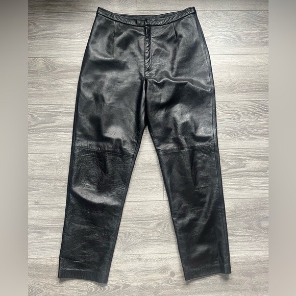 VINTAGE Lands’ End 100% Lambskin Black Straight High Rise Leather Pants Size 12 - Picture 1 of 9